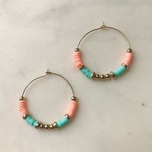 Bohemian Style Beaded Hoops Coral, Turquoise and Gold